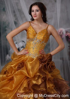 Ball Gown Spaghetti Straps Organza Beading Sweet 15 Dress